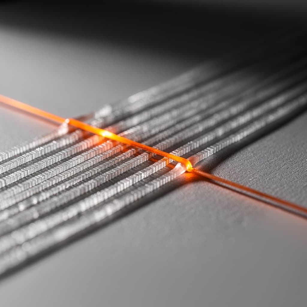 Macro view of molten polymer roads being laid in parallel on a build surface, one line still glowing hot.