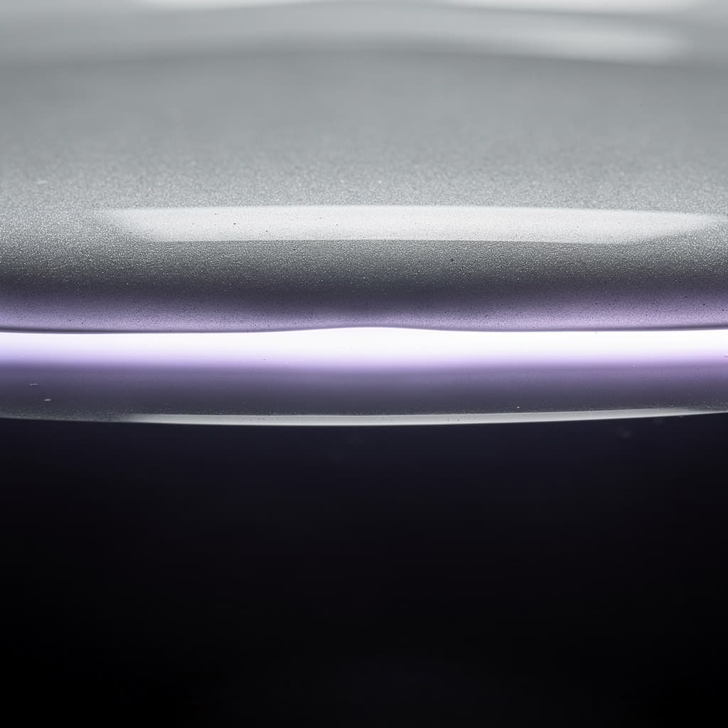 Macro view of a liquid photopolymer surface at the moment of curing, lit by a narrow band of ultraviolet light.