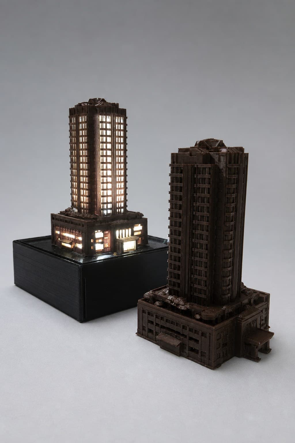 Illuminated finished building model beside the unlit resin model, showing the display base and facade detail.